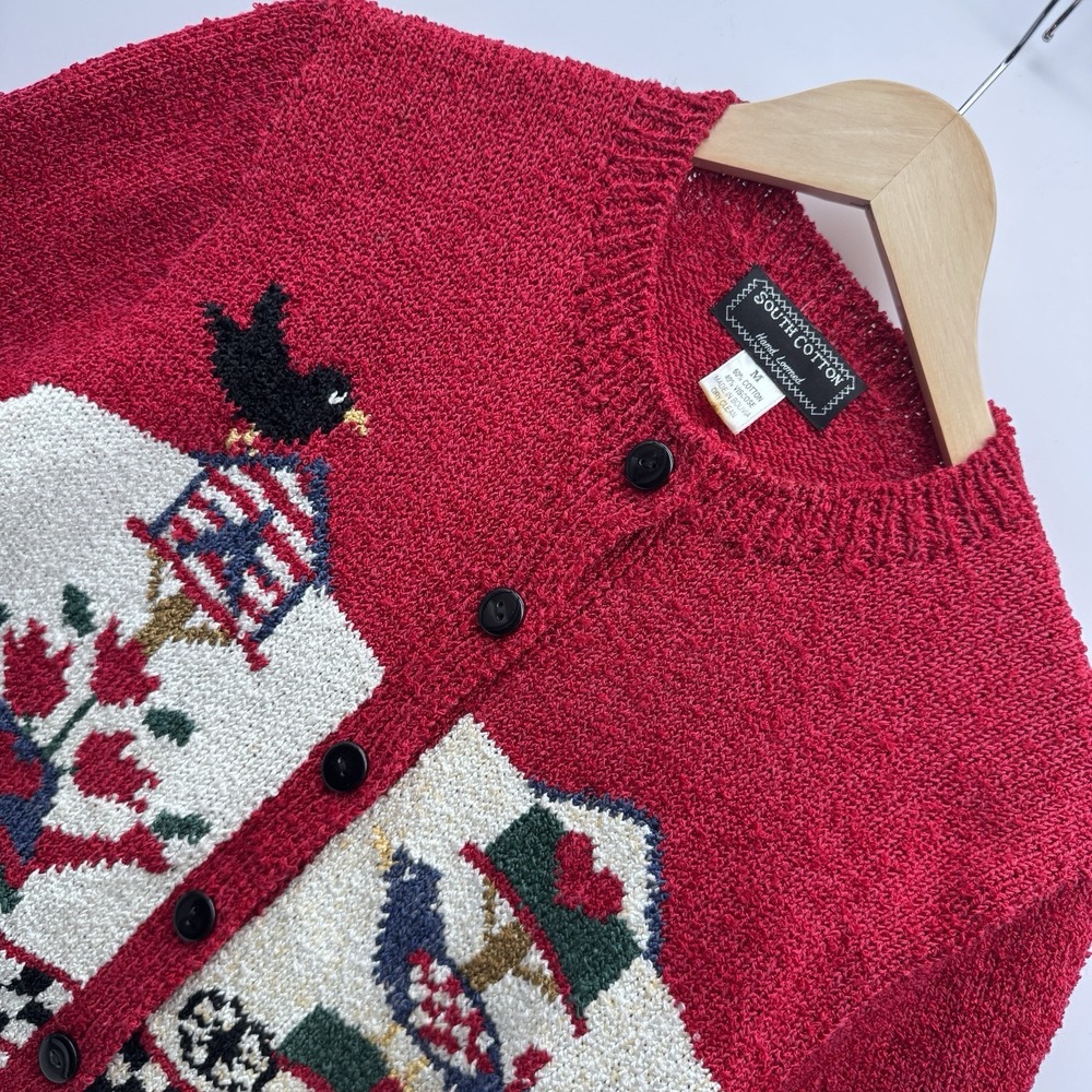 VTG 90s South Cotton Hand Loomed Cardigan Sweater M Red Cottagecore Birds Y2K